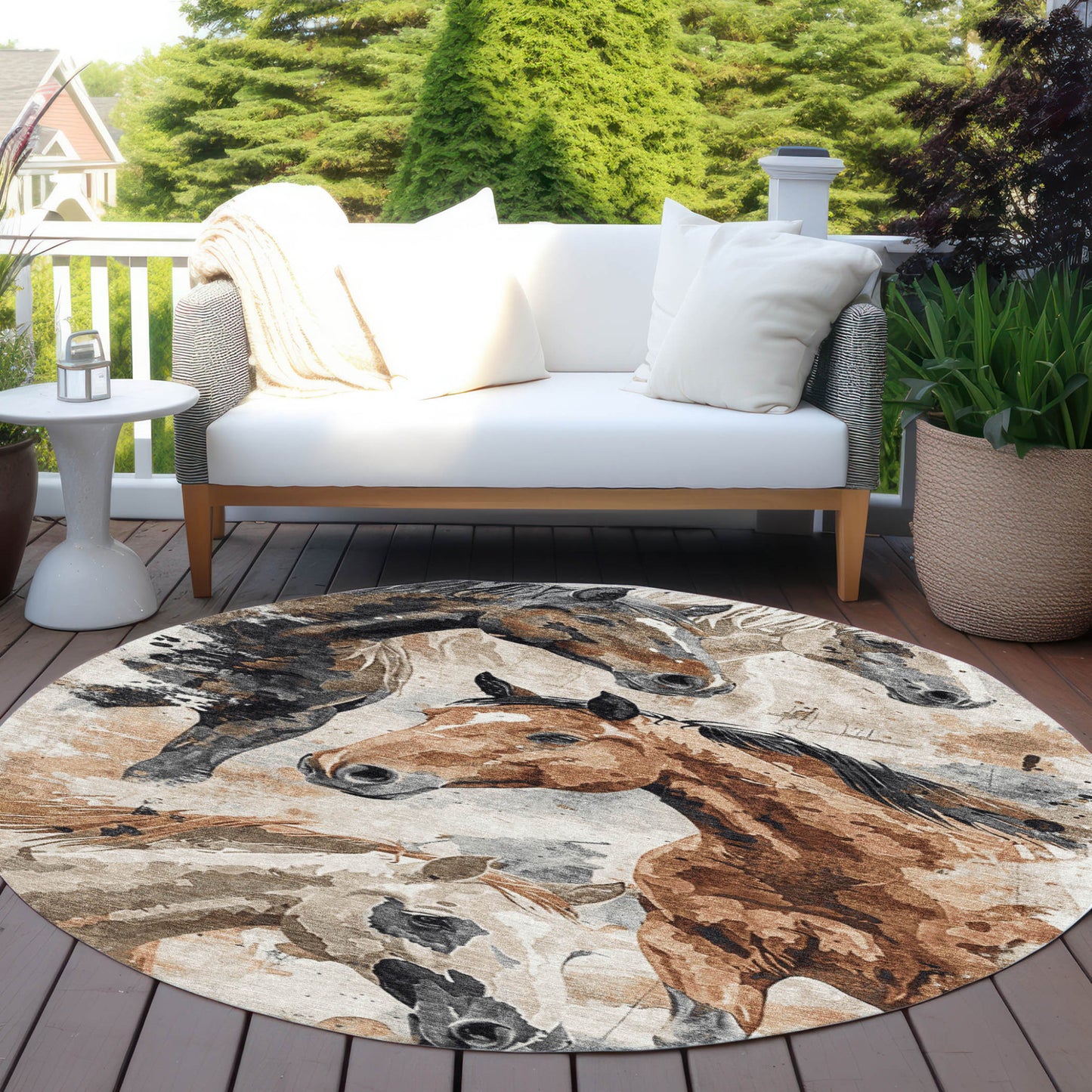 8' Beige Charcoal And Brown Round Horse Washable Indoor Outdoor Area Rug