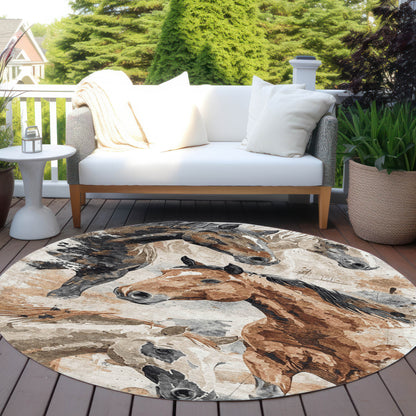 8' Beige Charcoal And Brown Round Horse Washable Indoor Outdoor Area Rug