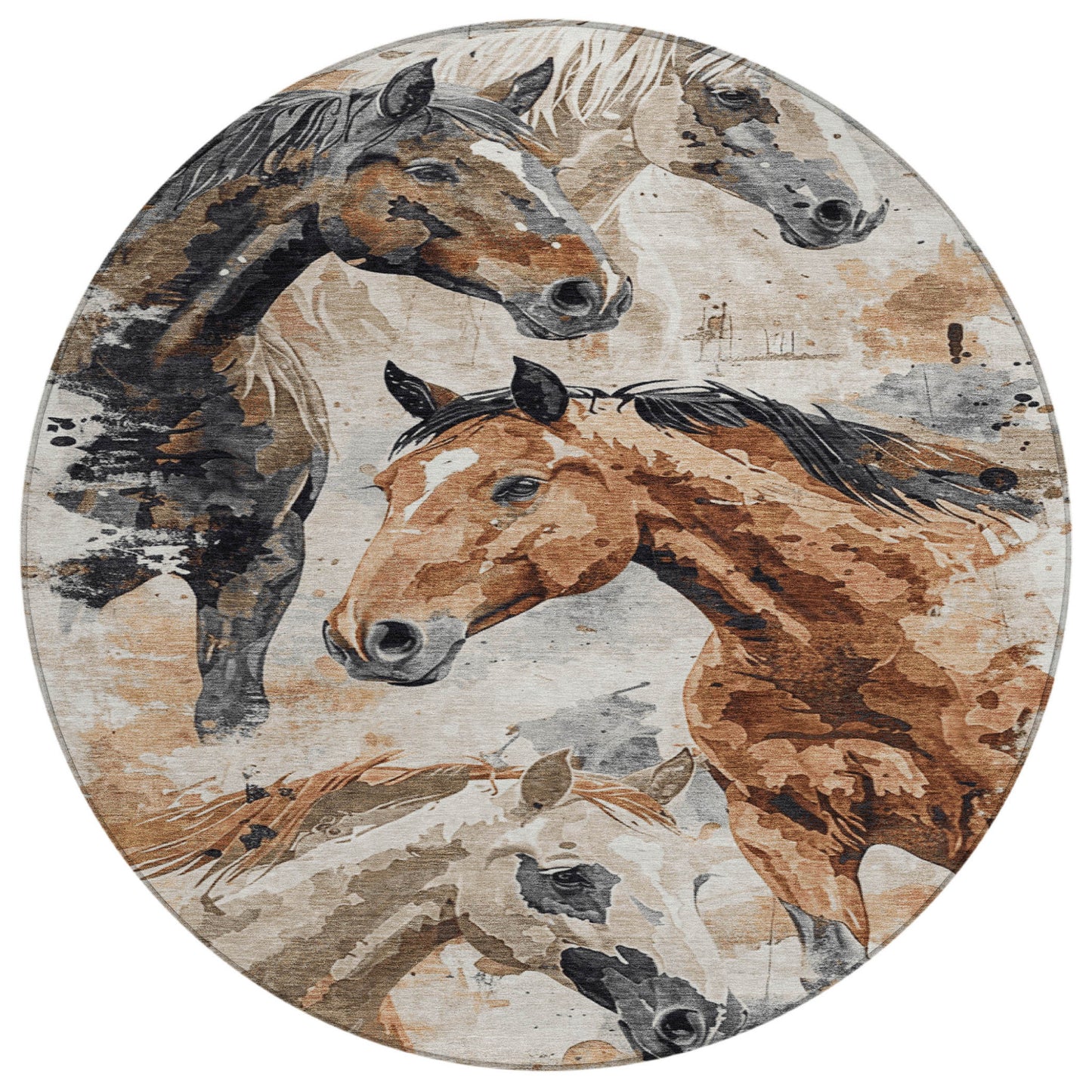 8' Beige Charcoal And Brown Round Horse Washable Indoor Outdoor Area Rug