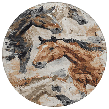8' Beige Charcoal And Brown Round Horse Washable Indoor Outdoor Area Rug