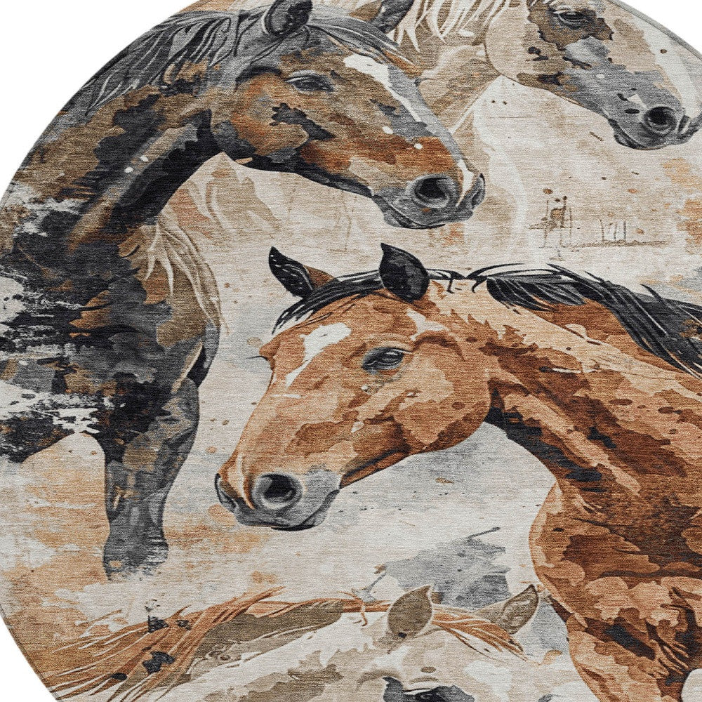 8' Beige Charcoal And Brown Round Horse Washable Indoor Outdoor Area Rug