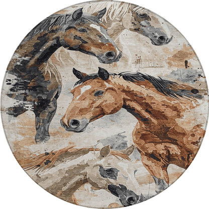 8' Beige Charcoal And Brown Round Horse Washable Indoor Outdoor Area Rug
