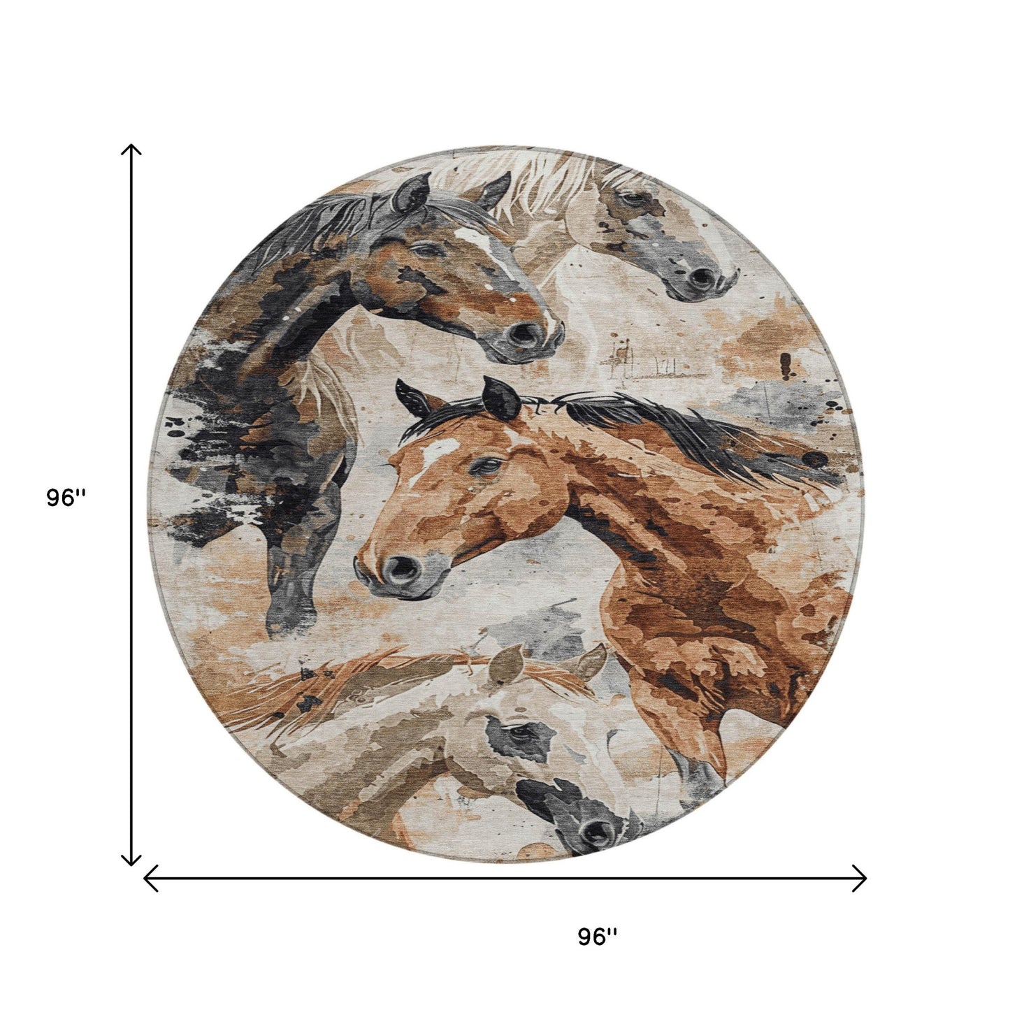 8' Beige Charcoal And Brown Round Horse Washable Indoor Outdoor Area Rug