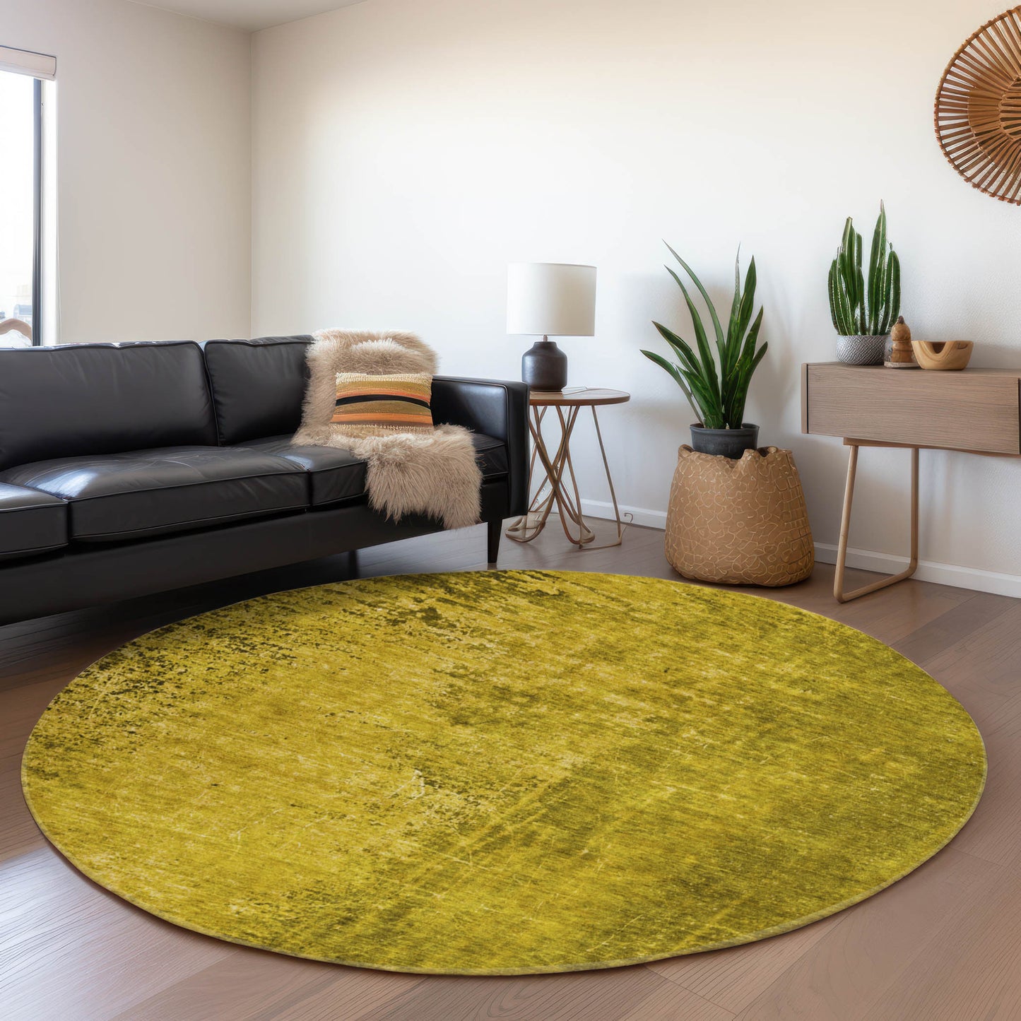 8' Gold And Gray Abstract Washable Round Rug With UV Protection